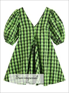 Origin:CN(Origin) Season:Summer Neckline:V-Neck Sleeve Style:Lantern Sleeve Decoration:Other Style:Casual Dresses Length:Above Knee, Mini Material:Polyester Material:Cotton Silhouette:Loose Sleeve Length(cm):Three Quarter Gender:WOMEN Waistline:Natural Pattern Type:Plaid Size-Bust-Waist-Length(cm) S------76-----78------88 M-----80-----79------89 L------84-----80------90 Lattice Dress, Imperial Fashion, Summer Sundresses, Short Puff Sleeve, Summer Green, Mini Short, Short Mini Dress, Plaid Shorts, Sweet Style