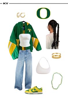 College game day outfit, university of oregon, UofO gameday, oregon football, Oregon basketball, college game day, college outfit, university of oregon game day inspo, green, yellow, ducks, scoducks, college girl inspo ✨ Hbcu Gameday Outfits, College Outfits Football Games, School Pride Outfit Ideas, Game Outfits For Women Football, Womens Game Day Outfits Football, Oregon Football Game Outfit, Cold College Game Day Outfit, Oregon Game Day Outfit