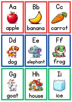 an english flash card with pictures of animals and letters