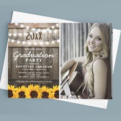 a graduation party card with sunflowers and string lights on the side, featuring an image of a woman holding a guitar