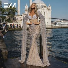 Heavy Beads Long Cape Sleeve Prom Dress Nude Lining Luxury Women Party Gown Mermaid Formal Dresses Sleeve Prom Dress, Gown Mermaid, Long Cape, Party Gown, Cape Sleeves, Party Dress Short, Prom Dresses With Sleeves, Women Party, Party Dress Long