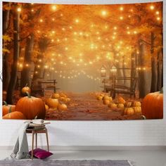 pumpkins in the woods with lights on them tapestry wall hanging art print - multicolored