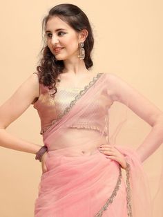 Amusing pink net ruffled saree with border online for women which is crafted from net fabric and comes with silk blouse. Saree With Border, Ruffled Saree, Solid Saree, Pleated Saree, Net Blouse, Net Blouses, Ruffle Saree, Saree Design, Net Saree