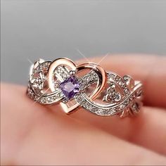 Simulated Diamond 925 Stamped Amethyst Birthstone Ring, Amethyst Birthstone, Amethyst Heart, Heart Crystal, Heart Shaped Rings, Crystal Stones, Zircon Ring, Fancy Jewelry, Wedding Bridesmaid