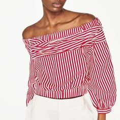 Off The Shoulder Summer Top Light Material Red Stripe Zara Basic Semi Cropped Never Worn Red Off-shoulder Blouse For Spring, Casual Red Off-shoulder Top, Striped Off-shoulder Top For Spring, Trendy Striped Zara Tops, Chic Zara Off-shoulder Tops, Red Tops For Summer Day Out, Chic Off-shoulder Zara Tops, Red Summer Top For Day Out, Red Off-shoulder Top For Summer