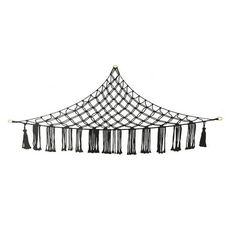 a black and white photo of a tent with tassels hanging from it's sides