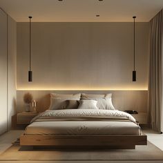 A minimalist bedroom that demonstrates the power of thoughtfully chosen artificial lighting in adding depth and character to the minimalist design while supporting various activities and moods Minimal Bedroom Interior, Minimalist Bedroom Color, Minimal Bedroom Design, Bedroom Minimal, Minimalist Bedroom Ideas, Hotel Room Interior, Japanese Bathroom, Japanese Bedroom, Minimal Bedroom