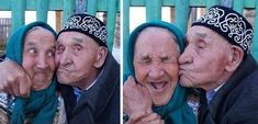 two older men are kissing each other while wearing headgear and scarfs on their heads