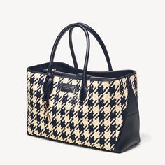 London Tote in Navy & Ivory Woven Leather | Aspinal of London Classic Woven Leather Shopping Bags, Classic Woven Leather Bags For Shopping, Classic Woven Leather Shoulder Bag For Shopping, Classic Woven Leather Bags, Luxury Woven Leather Shoulder Bag For Work, Elegant Workwear Bag With Intrecciato Weave, Classic Woven Leather Tote Shoulder Bag, Classic Woven Leather Tote Bag, Classic Woven Leather Bag With Double Handle