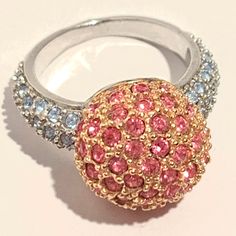 Hot Pink And Baby Blue Cz Encrusted Dome Ring With Rhodium Plating Finish Will Retain Shine For Years Ring Size 7.5 Brand New! Silver Jeweled Cubic Zirconia Rings, Silver Jeweled Rings Made Of Cubic Zirconia, Silver Jeweled Rings With Cubic Zirconia, Silver Crystal Rings With Jeweled Detail, Silver Jeweled Crystal Rings, Pink Crystal Ring With Accent Stones In Cubic Zirconia, Pink Cubic Zirconia Crystal Ring, Pink Ring With Sparkling Stones, Pink Crystal Ring With Sparkling Stones For Gift