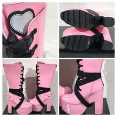 Monster High Designer Boots Brand Size 10 Color Pink Condition Excellent Casual Pink Lace-up Heels, Spring High-top Polyurethane Boots, Pink Fitted Platform Boots For Party, Pink High Heel Polyurethane Heels, Pink Polyurethane High Heels, Fitted Pink Platform Boots For Party, Fitted Pink Platform Boots, Lace-up Polyurethane Boots, Pink High Heel Platform Boots For Party