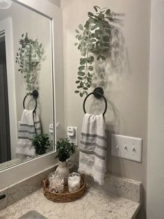 a bathroom sink with two towels hanging on the wall and a plant in front of it