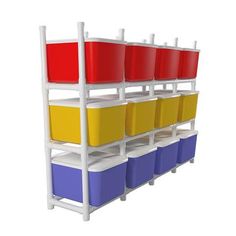 a shelf with several bins on it and one is red, blue, yellow and white