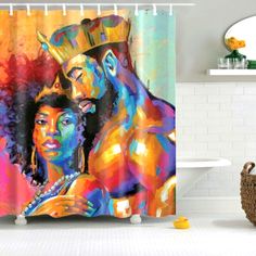 a shower curtain with an image of a man and woman in colorful colors on it