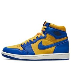 The Air Jordan 1 Retro High OG 'Reverse Laney' is a stylish sneaker for adults. It features a unique yellow leather base with a white midsole and a royal blue rubber outsole. This sneaker is inspired by the 2013 'Laney' version, but with a reverse colorway. It's perfect for everyday wear or for a night out on the town. The Air Jordan 1 series has been a classic since its release in 1985 and this version is sure to be a hit. (AJ1/SNKR/Women's/Non-Slip/High Top/Basketball/Wear-resistant) Logo Wings, Jordan Model, Jordan 11 Retro Low, Womens Air Jordans, Air Jordan 5 Retro, Jordan 1 High Og, Air Jordan 1 Retro High Og, Nike Dunk High, Air Jordan 1 Retro High