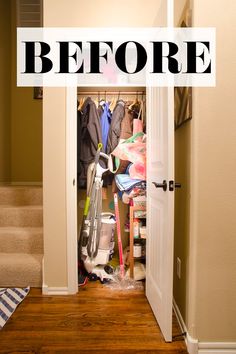 an open door with the words before in front of it, and a pile of clothes