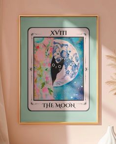 a cat is sitting on the moon in front of a painting