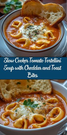 This comforting Slow Cooker Tomato Tortellini Soup combines rich tomato flavors with tender cheese-filled tortellini, all topped with melted cheddar cheese and accompanied by crispy toast bites. It's an easy, hearty meal perfect for any day of the week. Tomato Soup With Tortellini Easy, Cheese Tortellini Tomato Soup, Crockpot Tomato Tortellini Soup, Tortini Soup, Ground Turkey Tortellini Soup, Cheese Tortellini Recipes Soup, Tortellini Soup Tomato, Tomato Tortellini Soup Easy, Slow Cooker Tomato Tortellini Soup