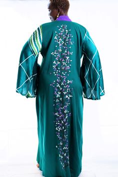 african embroidered kimono Green Long Sleeve Silk Spring Dress, Elegant Green Gown With Floral Embroidery, Festive Green Maxi Dress With Floral Embroidery, Green Maxi Length Kaftan For Wedding, Silk Long Sleeve Eid Gown, Green Silk Dress For Spring Formal Occasion, Long Sleeve Silk Gown For Eid, Green Silk Dress For Spring Formal, Green Maxi-length Abaya For Spring