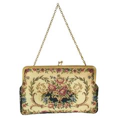 Vintage floral tapestry evening bag - small size - fine detail to the machine made tapestry - rhinestone closure with gilt metal frame and chain link strap - original lining - unsigned - country of origin unknown - circa 1950's. Good vintage condition - signs of age and use - old crude repairs to the interior lining/pocket. Size - 9" Wide x 6 1/2" High x 1 1/4" Deep (plus handle). Vintage Evening Bags, Vintage Tapestry, Floral Tapestry, Purse Styles, The Machine, Vintage Handbags, Small Bags, Vintage Floral, Chain Link