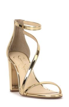 An asymmetric vamp strap creates modern dimension on a trend-savvy sandal lofted by a wrapped block heel. 3 1/2" heel Textile upper/synthetic lining/rubber sole Imported Strap Sandals Women, Sandal Women, Gold Gold, Ankle Strap Sandals, Jessica Simpson, Block Heels, Ankle Strap, Rubber Sole, Size 12