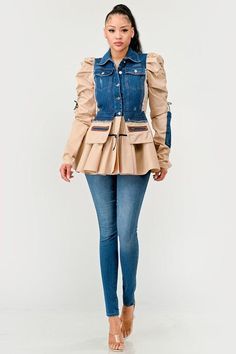 Peplum Panache Denim Jacket100% Cotton * 97% Polyester * 3% Spandex Minimal Stretch Puffy Sleeves Peplum StyleMade In: China Peplum Styling, Puffy Sleeves, Dress To Impress, White Blue, Denim Jacket, Spandex, China, Blue, White