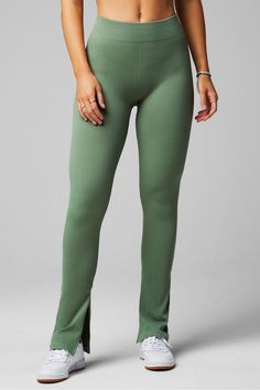 Seamless High-Waisted Slit Pant Fabletics green female Seamless regular Lounge/Yoga and Studio Chafe-Resistant/Moisture-Wicking Second Skin, High Waisted Pants, A Dream, Moisture Wicking, At Home, Lounge, High Waisted, Yoga, Pants