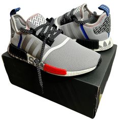 Step Up Your Running Game With These Adidas Nmd_r1 Logo Print Sneakers. Featuring A Stylish Grey, Black, And Royal Blue Colour Scheme, These Sneakers Are The Perfect Combination Of Fashion And Function. The Boost Technology In The Sole Provides Unparalleled Comfort And Support For Your Feet, Making Them The Perfect Choice For Long Distance Runs. The Adidas Nmd_r1 Logo Print Sneakers Are Made With High-Quality Materials And A Sleek Design That Is Sure To Turn Heads. These Sneakers Are Perfect For Any Man Who Wants To Add A Touch Of Style To His Workout Routine. With A Size 9 Fit, You Can Be Sure That These Sneakers Will Fit You Perfectly. New! Smoke Free Home All Items Lis Royal Blue Color Scheme, Blue Colour Scheme, Adidas Nmd R1 V2, Adidas Rivalry Low, Royal Blue Colour, White Casual Sneakers, Adidas Response, Adidas Tennis Shoes, Mens Training Shoes