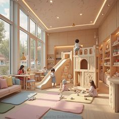 children playing in a play room with large windows