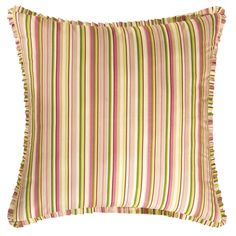 a pink and green striped pillow with ruffles on the bottom, in front of a white background