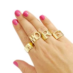 These pretty 24k gold plated initial rings displays your choice of initial letters in block font, simply choose the initials you want and we will make it to a meaningful gift to a unique person that shows how much he means to you. #jonjonjewel #initialring #letterring #ringset Gold Stackable Rings With Initials For Everyday, Everyday Custom Name Gold Ring, Everyday Gold Stackable Rings With Initials, Everyday Gold Rings With Custom Name, Everyday Gold Ring With Custom Name, Gold Adjustable Initial Ring With Custom Name, Adjustable Gold Initial Ring With Customized Name, Modern Gold Stackable Initial Ring, Personalized Modern Stackable Rings