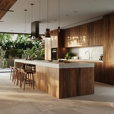 an open kitchen with wooden cabinets and counter tops, along with bar stools on the floor