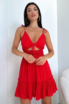 Have you ever seen a cuter dress? The Primerose dress in the fire Red fabrication is a show stopper. This babe features plunging v-neckline with tie up bust and straps, elasticated waist, a flowing skirt and is completed with invisible back zipper. Keep her casual through the day with slides and cute earrings or dress her up with your fave strappy heels for the night. FABRICATION: 100% polyester SIZING: Crystal's height is 163cm/5'3 and wears a size AU 6 / US 2. International Clothing, Mini Sundress, Flowing Skirt, Clothing Size Chart, Boutique Dresses, Cute Earrings, The Fire, Xl Dress, Red Formal Dress