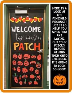 a door decorated with pumpkins and jack - o'- lanternes for halloween