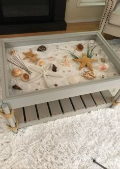 a coffee table with shells and starfish on it