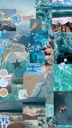 a collage of blue and green images with the ocean in the foreground, water on