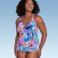 Trendy Fashion Women's UPF 50 V-Neck Tankini Top - Aqua Green Multi Tropical Print M, Women's Swimwear Tank Top Swimsuit, Swimwear Tankini, Women's Swimwear, Aqua Green, Swim Bottoms, Tankini Top, Trendy Fashion Women, Tropical Print, Upf 50