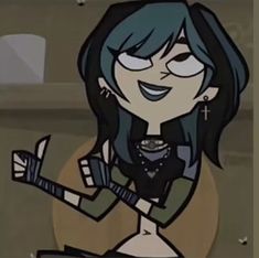 an animated girl with blue hair holding a guitar