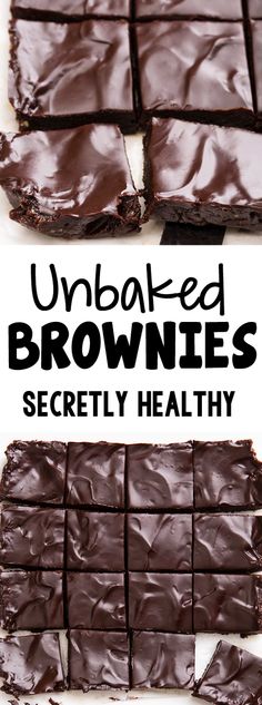 chocolate brownies cut in half and stacked on top of each other with text overlay