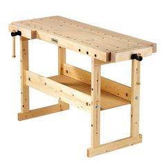 a wooden workbench with two drawers and one shelf on each side, attached to a white background