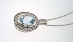 "HERE IS BEAUTIFUL HANDMADE PENDANT NECKLACE 14 KARAT WHITE GOLD AVAILABLE YELLOW OR ROSE GOLD TOO ASK ME PLEASE COMES WITH 16\" OR 18\" INCH CHAIN CENTER AQUAMARINE 1.10Ct !! CENTER IS BEZEL SET !! VERY SWEET AQUA COLOR & CLEAN AQUAMARINE CENTER SHAPE- OVAL CUT- VERY GOOD CLARITY- AAA COLOR- AQUA CARAT- 1.10ct MEASUREMENT- 8X6mm ALL ROUND & BELL 27 WHITE DIAMOND 0.25ct!! SI1 G COLOR TOTAL 1.35 CARAT FULL PAVE SET WITH MILLIGRAIN VERY CLEAN AND BRIGHT WHITE COLOR DIAMONDS RETAIL PRICE IS Exquisite Oval Necklace With Single Cut Diamonds, Formal Oval Necklace With Single Cut Diamonds, Formal Blue Oval Diamond Necklace, Formal Hallmarked Oval Diamond Necklace, Exquisite Oval Diamond Necklace Hallmarked, Oval Hallmarked Diamond Necklace In Fine Jewelry Style, Hallmarked Oval Diamond Necklace In Fine Jewelry Style, Oval Diamond Necklace With 17 Jewels For Anniversary, Heirloom Oval Necklaces For Anniversary