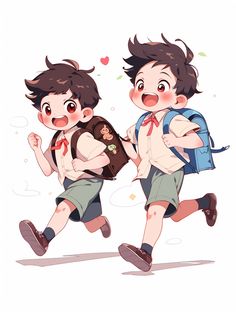 two young boys running together with backpacks on their backs and one carrying a book bag