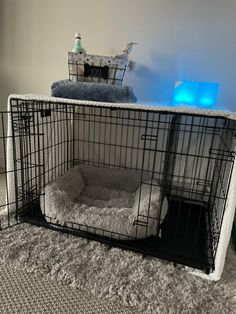 a dog crate with two dogs in it sitting on the floor next to a wall