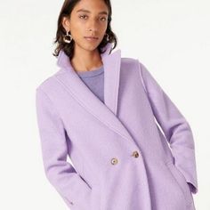 Beautiful Long Light, Unlined And Warm Topcoat. Lightly Used In Great Condition, Only Worn Out A Couple Of Times! Made Of 100% Italian Boiled Wool. High Quality With A Tailor Fit For A J. Crew Size Xs Spring Purple Outerwear For Work, Chic Purple Outerwear For Spring, Chic Purple Outerwear For Work, Chic Purple Outerwear With Pockets, Long Sleeve Lavender Blazer For Spring, Lavender Long Sleeve Blazer For Spring, Lavender Outerwear For Spring Workwear, Chic Lavender Outerwear For Work, Chic Lavender Outerwear For Workwear