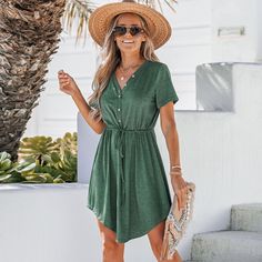 Get ready to flaunt your summer style in our Green V-Neck Front Button Jersey Dress! Whether you're brunching with friends or exploring the city streets, this dress will keep you looking stylish and feeling comfortable all day long. Get ready to make a lasting impression and create cherished memories that will stay with you long after the season has passed. Product code: CAA05A3C081RQ,CAA05A3C081TC,CAA05A3C081AA Cupshe Dress, Green Summer Dress, Maxi Bodycon Dress, Mini Skater Dress, Mini Dresses For Women, Mini Shift Dress, Casual Summer Dresses, Short Sleeve Button Up, Sleeveless Mini Dress