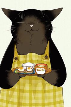 a black cat wearing an apron holding a plate with food on it