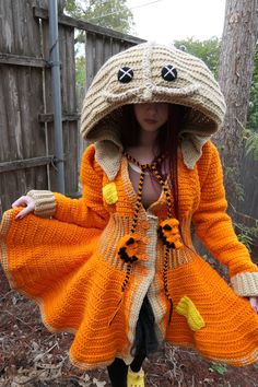 Sam Trick R' Treat Crochet Coat Cosplay Orange and Tan - Etsy Witch Crochet Cardigan, Easy To Sew Halloween Costumes, Crochet Costumes Women, Sam Trick R Treat Costume, Crochet Fall Cardigan, Autumn Crochet Clothes, Sam Halloween Costume, Crochet Jacket Pattern Free, Medieval Crochet