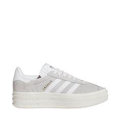 Womens adidas Gazelle Bold Athletic Shoe - Grey / White White Shoe Inspo Aesthetic, Aesthetic Adidas Shoes, Adidas Gazelle Platform, Black Gazelles, Adidas Gazelle Outfit, Adidas Gazelle Bold, Gazelle Adidas, Adidas White Shoes, Gazelle Bold