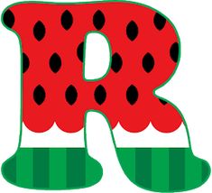 the letter r is made up of watermelon slices and black dots on it