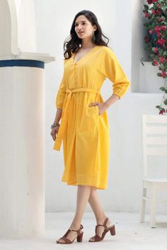 Yellow Cotton Empire Waist Midi Dress - Marigold Muse | NOVICA #handmadewithlove #supportartisans #summerlove #summer2021 #explore Cotton Midi Dress Summer, Empire Waist Midi Dress, White Cotton Skirt, Dobby Weave, Shirtwaist Dress, Cotton Midi Dress, Midi Dress Summer, Cotton Maxi, Maxi Dress Cotton